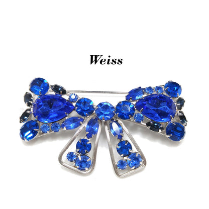 Weiss Blue Rhinestone Bow Brooch, Rhodium Plated, 1960s Vintage Jewelry