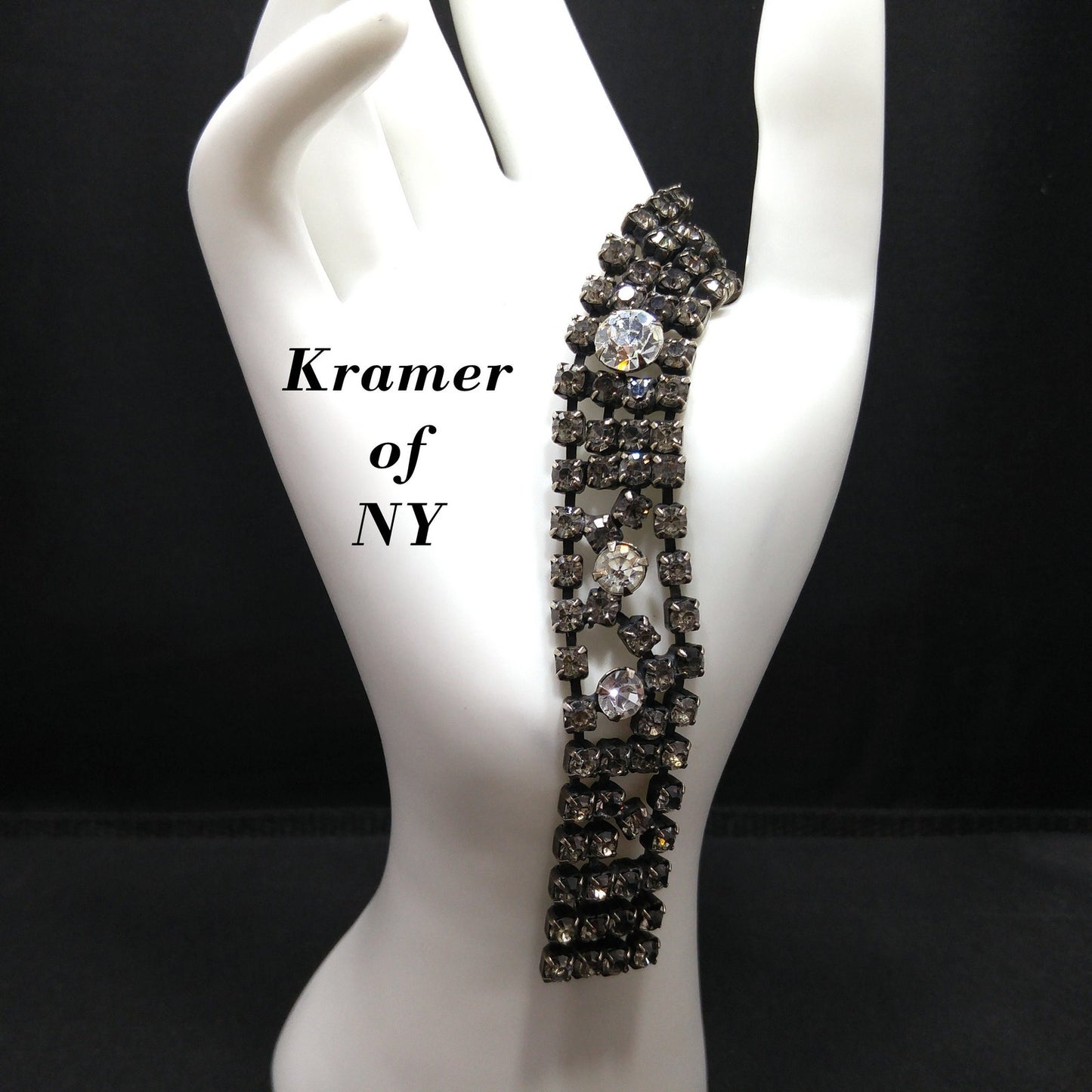 Vintage Kramer Black Clear Crystal Rhinestone Bracelet, Silver Plated, 1950s