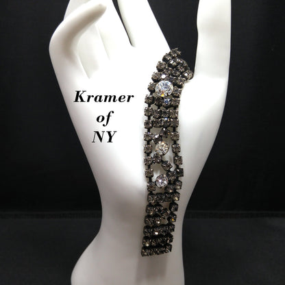 Vintage Kramer Black Clear Crystal Rhinestone Bracelet, Silver Plated, 1950s