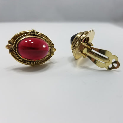 Vintage Whiting & Davis Co Red Gold Clip Earrings 1960s Gold Tone, Red Cabochon