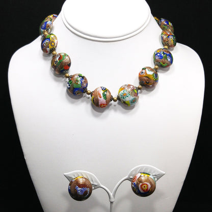 Italian Millefiori Venetian Glass Necklace & Earrings, Aventurine Glitter Beads