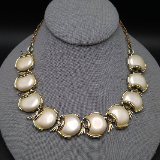 Creamy White Pearled Link Choker Necklace, Mid-Century, Gold Tone, 1950s Vintage Jewelry