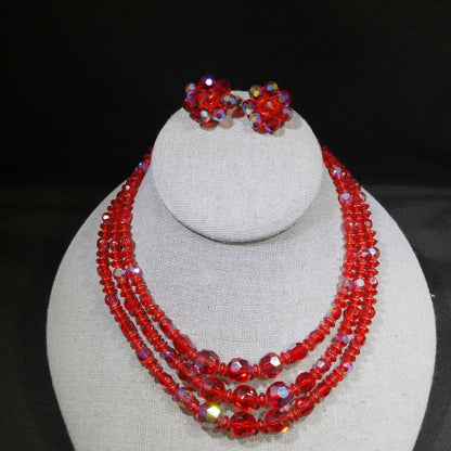 Czech Red Glass Beaded Necklace & Earrings, Fire Polished Red Beads, 1950s Vintage Jewelry