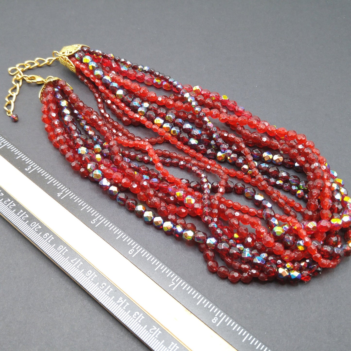 Red Fire Polished Bead Necklace, Nine Strands, 1980s Vintage Jewelry