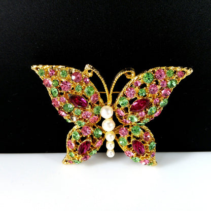 Vintage Pastel Rhinestone Butterfly Brooch, Faux Pearl Body, Uranium Glass, Vintage Jewelry