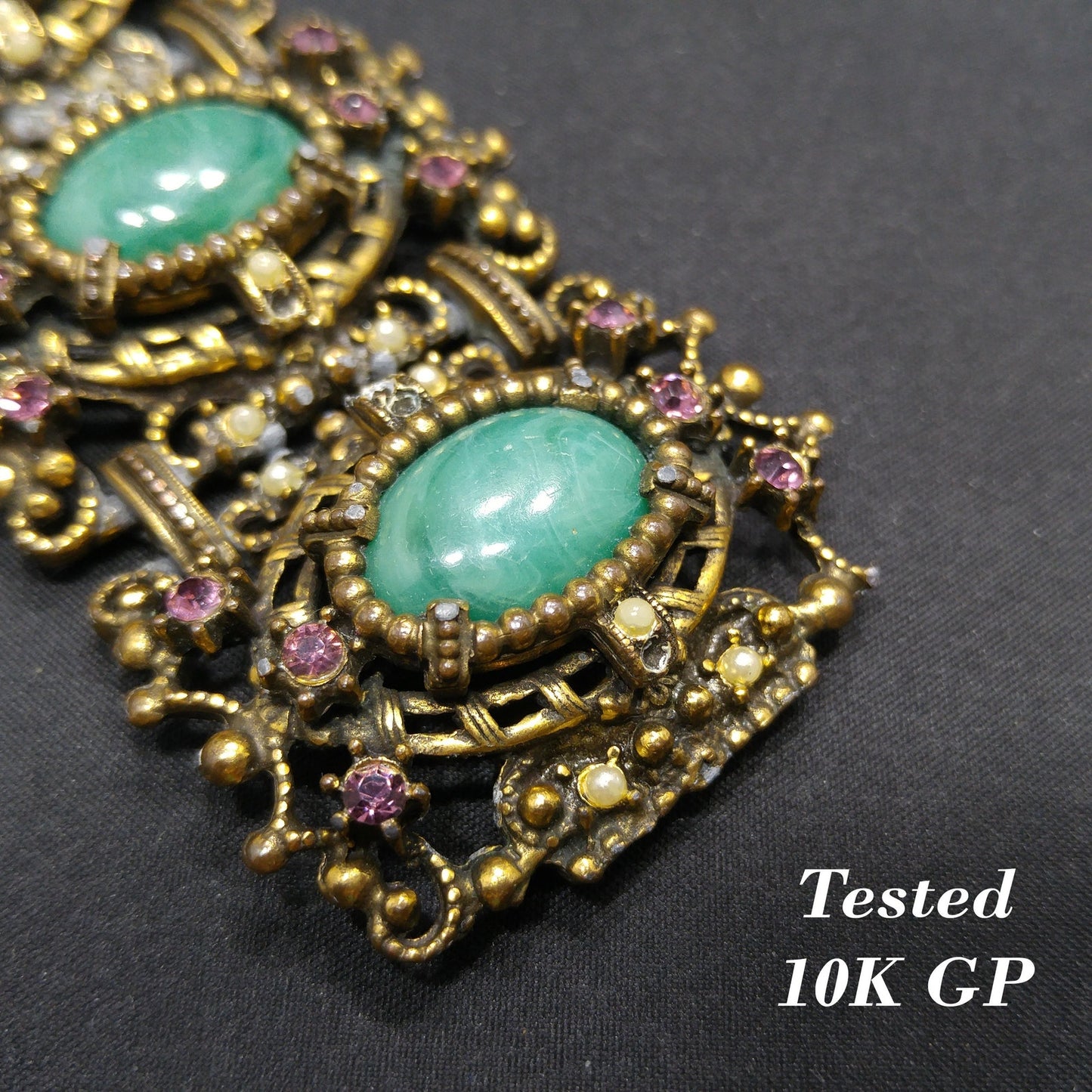 Victorian Style Faux Jade Wide Bracelet, Unsigned Joseff of Hollywood, 1940s Vintage Jewelry