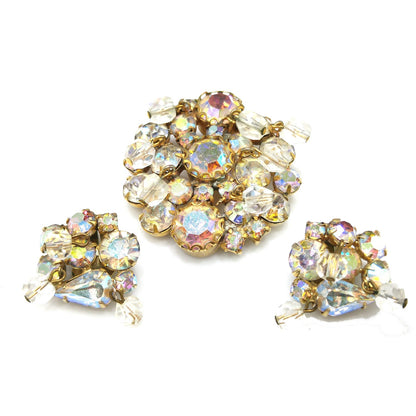 Kramer AB Rhinestone Brooch & Earrings, Dangling Crystal Beads, Gold Plated, 1960s Vintage Jewelry