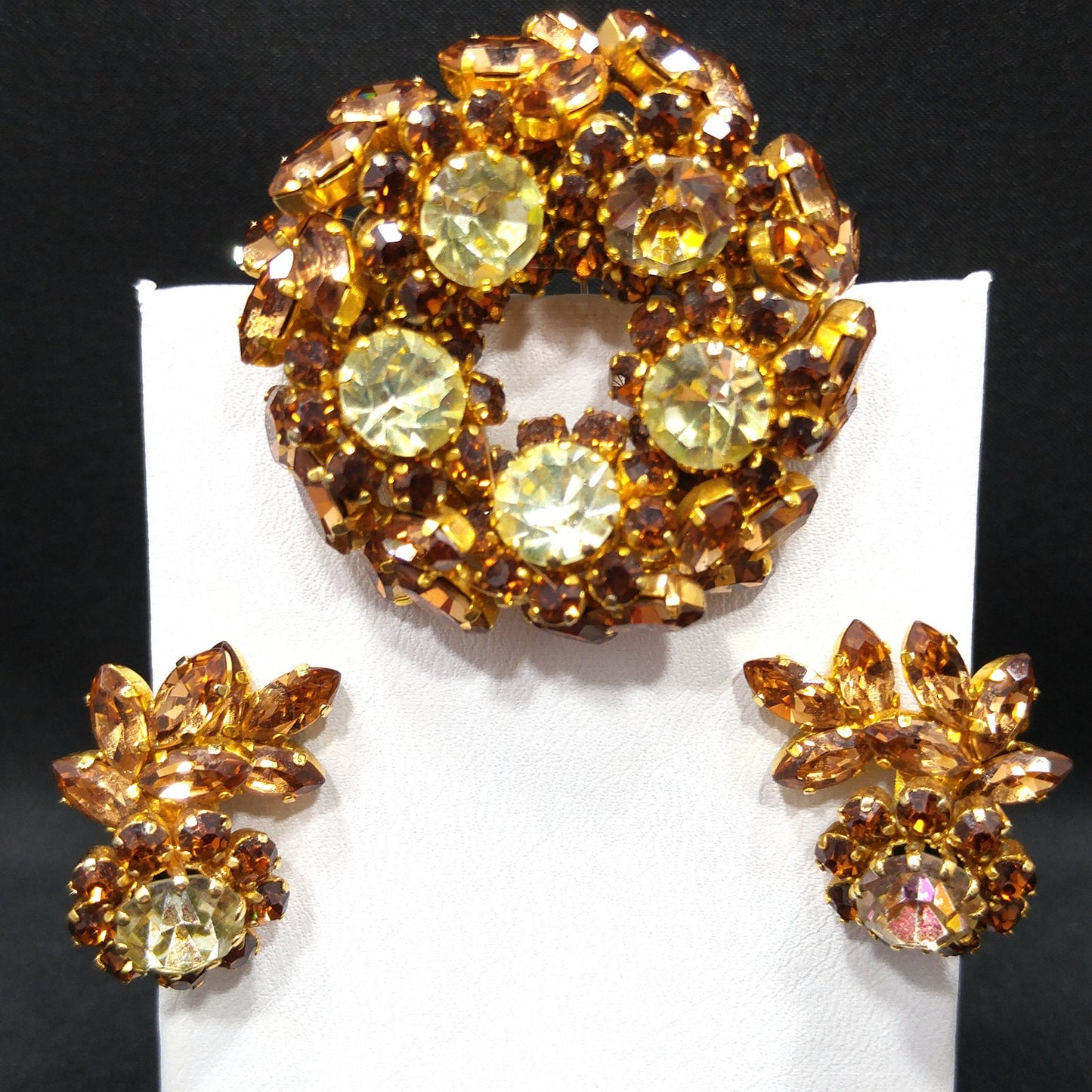 Schoffel Austria Topaz Jonquil Rhinestone Brooch & Earrings, Gold Plated, 1950s Vintage Jewelry