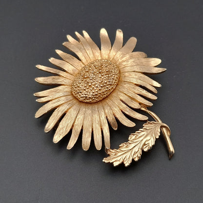 Vintage Marvella Signed Sunflower Brooch - 2 3/4 Inches, Gold Plated