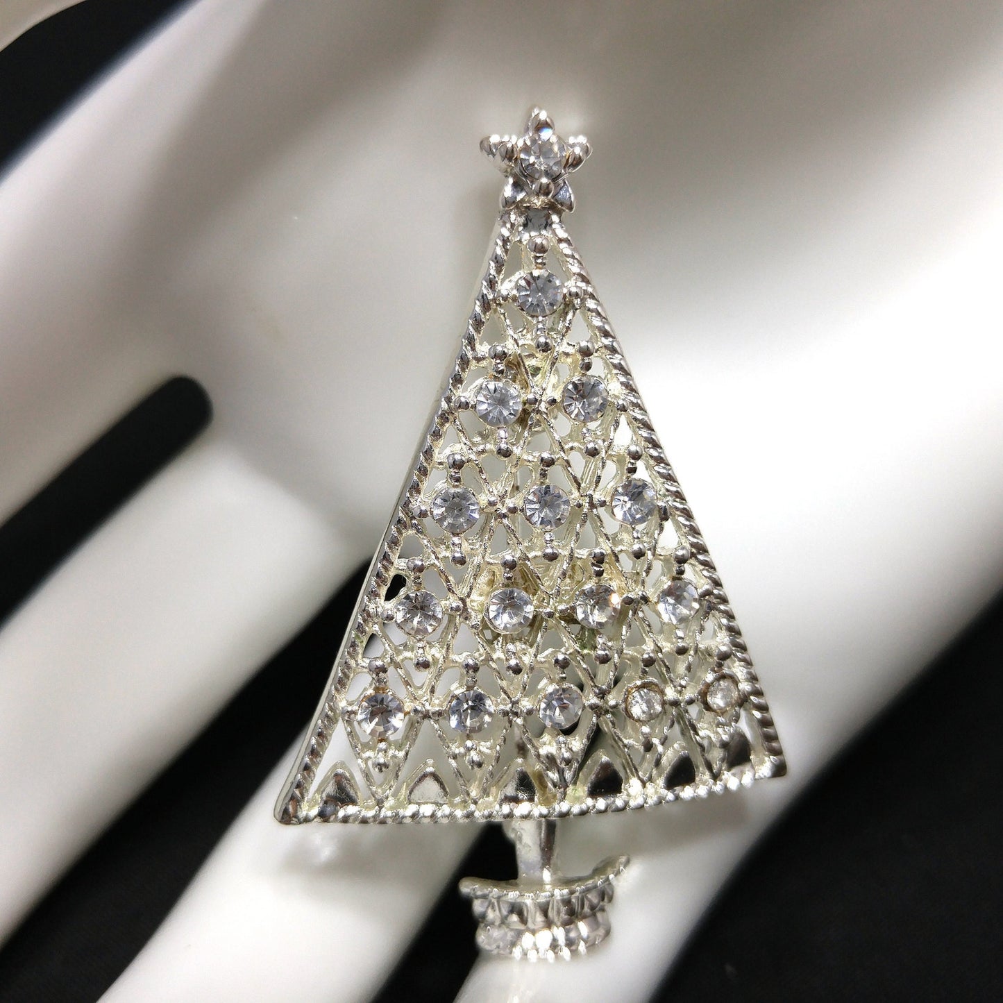 Eisenberg Ice Christmas Tree Brooch, Silver Tone, Clear Rhinestones