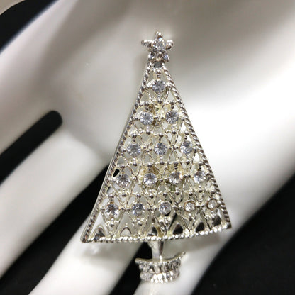 Eisenberg Ice Christmas Tree Brooch, Silver Tone, Clear Rhinestones