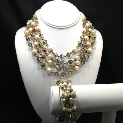 Alice Caviness Necklace & Bracelet Set, Aurora Borealis Crystal Faux Pearl Beads, 1960s Vintage Jewelry