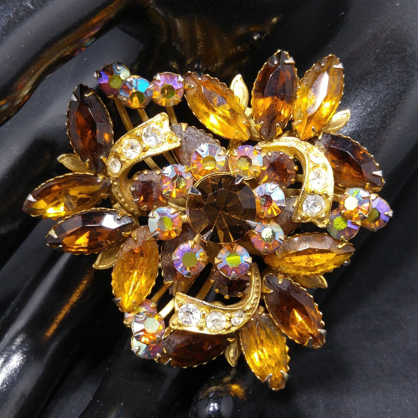 Fall Rhinestone Ribbon Brooch, Topaz Rhinestones, Aurora Borealis, 1950s Vintage Jewelry