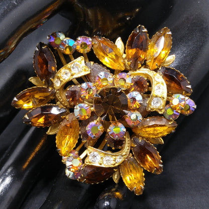 Fall Rhinestone Ribbon Brooch, Topaz Rhinestones, Aurora Borealis, 1950s Vintage Jewelry