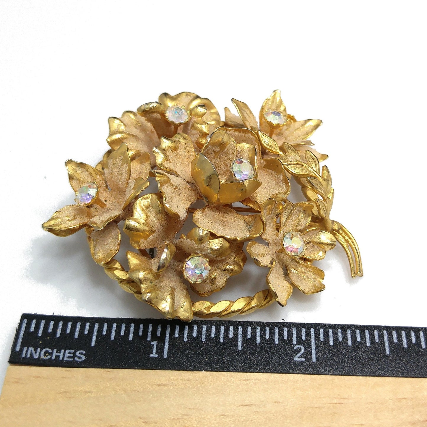 Austria Floral Brooch, Aurora Borealis Rhinestones, Gold Plated Flowers, 1960s Vintage Jewelry