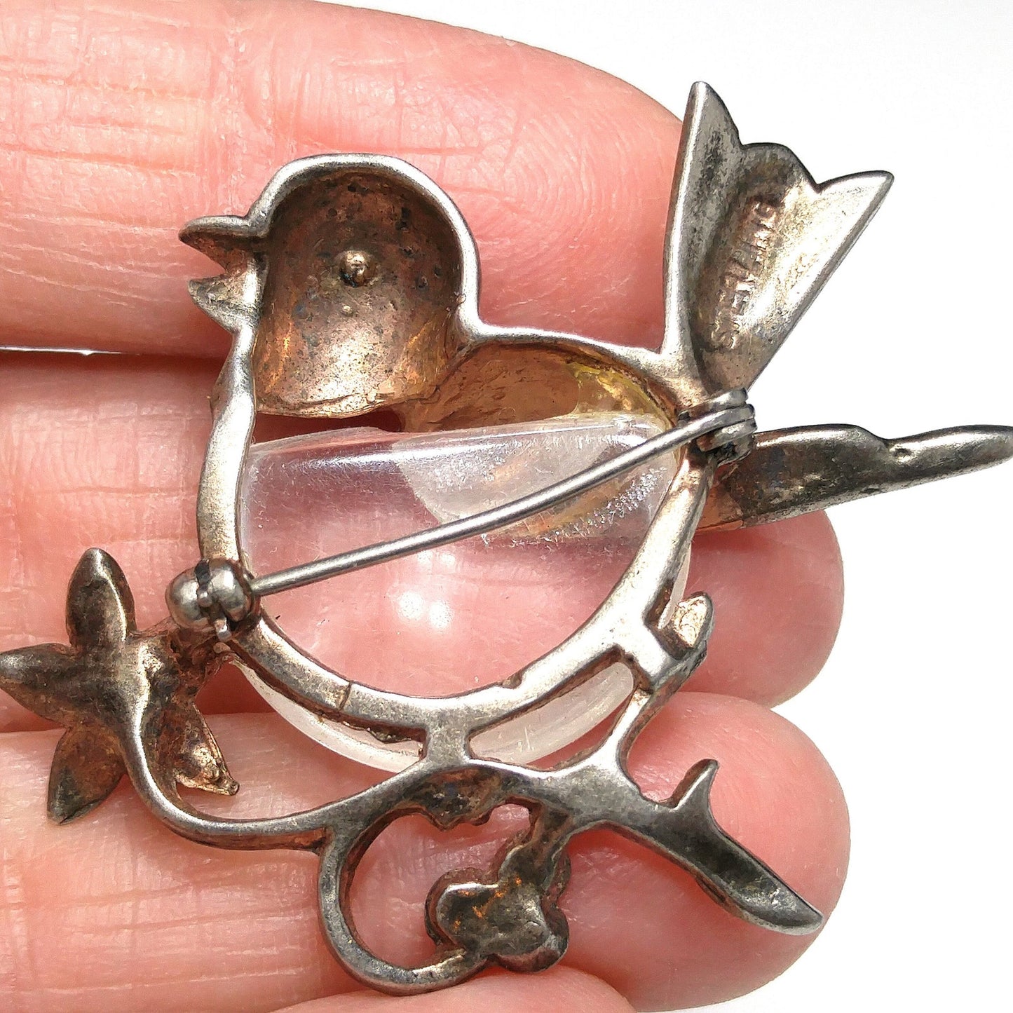 Sterling Silver Clear Lucite Bird Brooch, Jelly Belly Pin, 1940s Vintage Jewelry