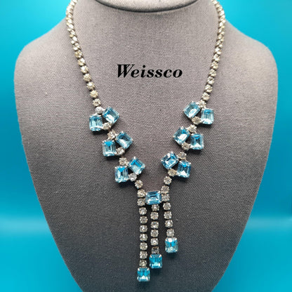 Weiss Blue Clear Rhinestone Necklace, Tassel Pendant, Signed Weissco, 1940s Vintage Jewelry