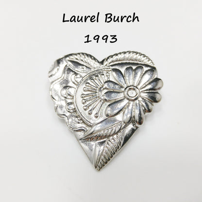 Vintage Laurel Burch 1993 Floral Heart Brooch, Silver Tone
