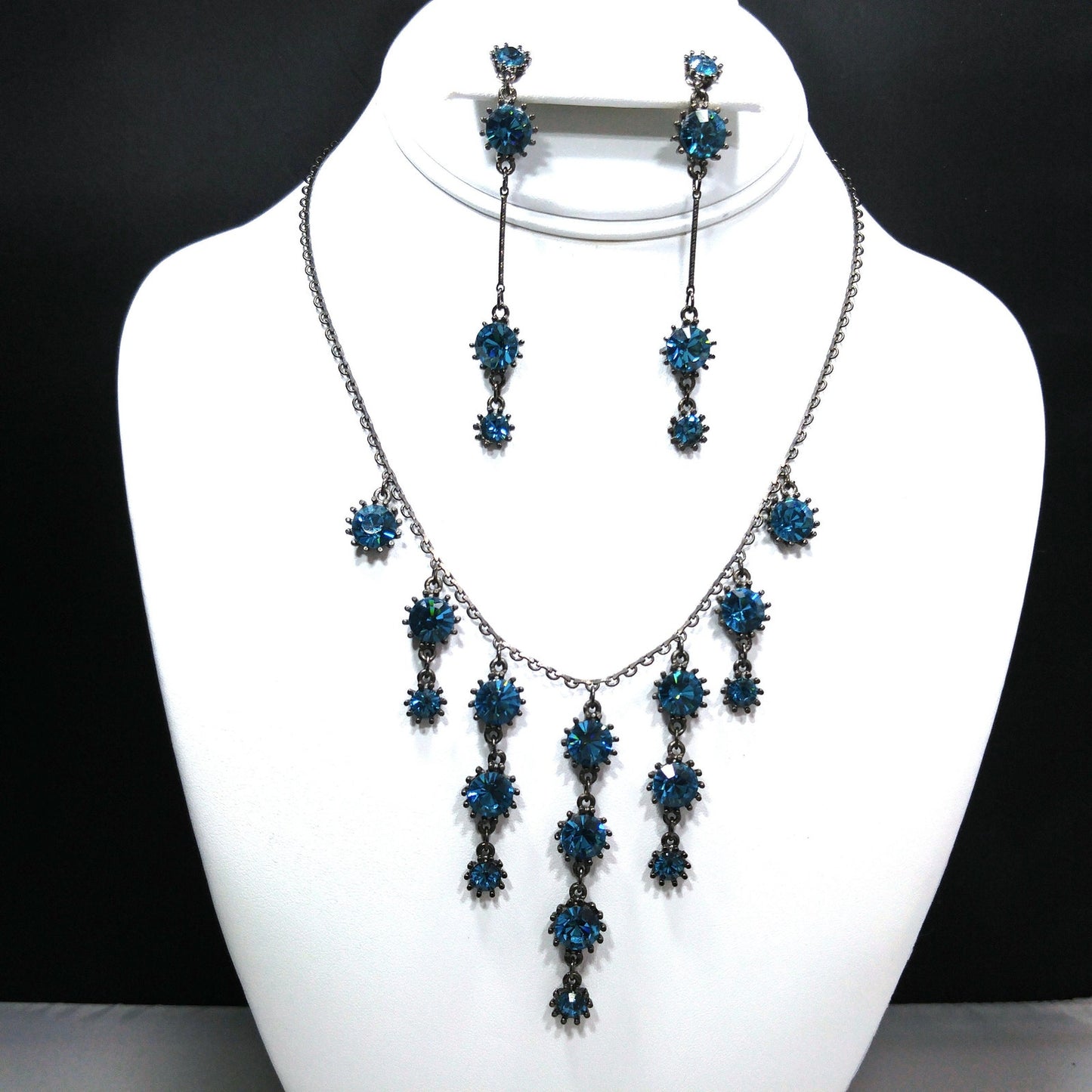 Austrian Crystal Turquoise Necklace Earrings Set, Long Post Earrings, Vintage Jewelry