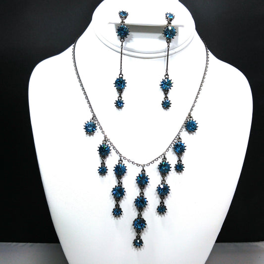 Austrian Crystal Turquoise Necklace Earrings Set, Long Post Earrings, Vintage Jewelry