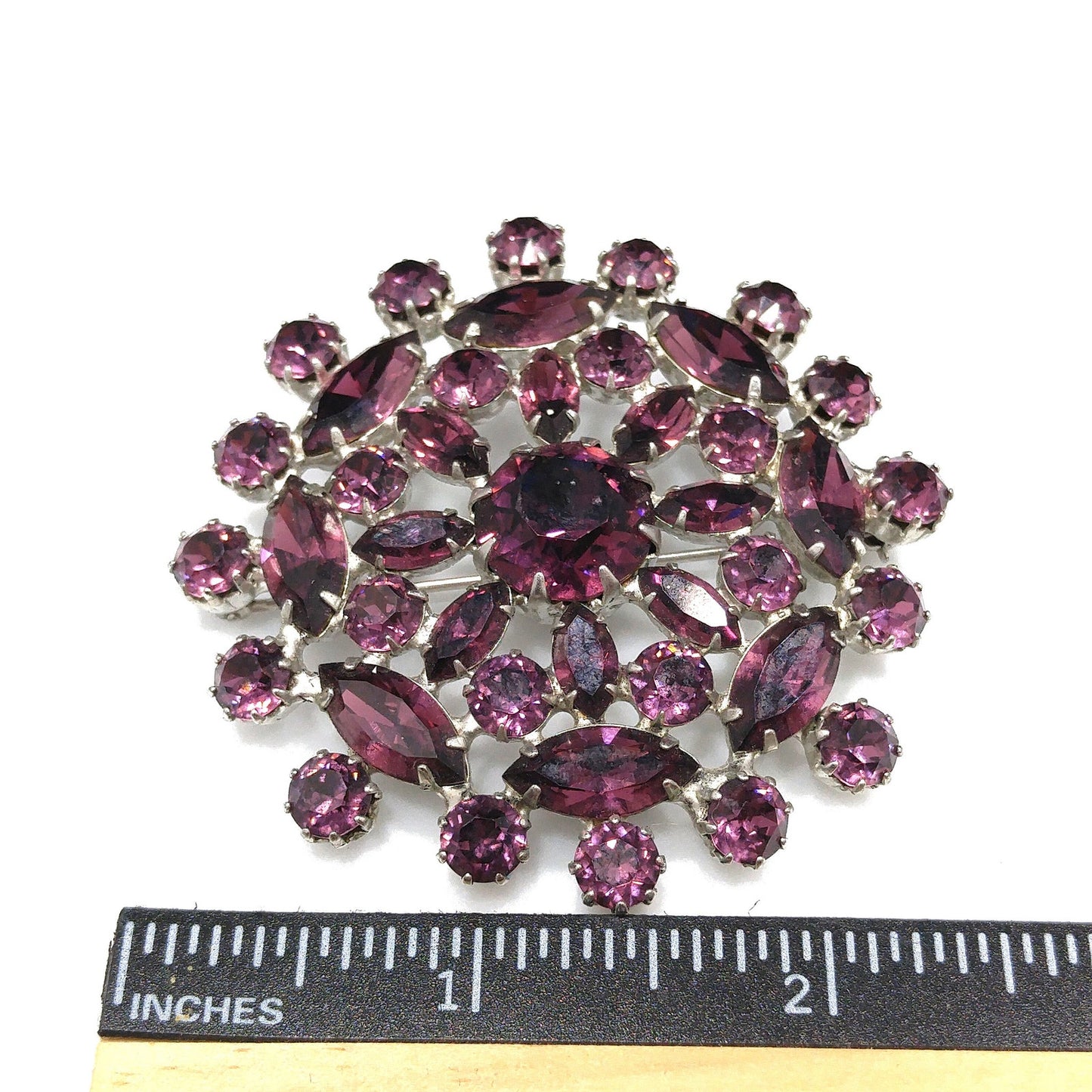 Purple Snowflake Flower Rhinestone Brooch, Rhodium Plated, 1960s Vintage Jewelry