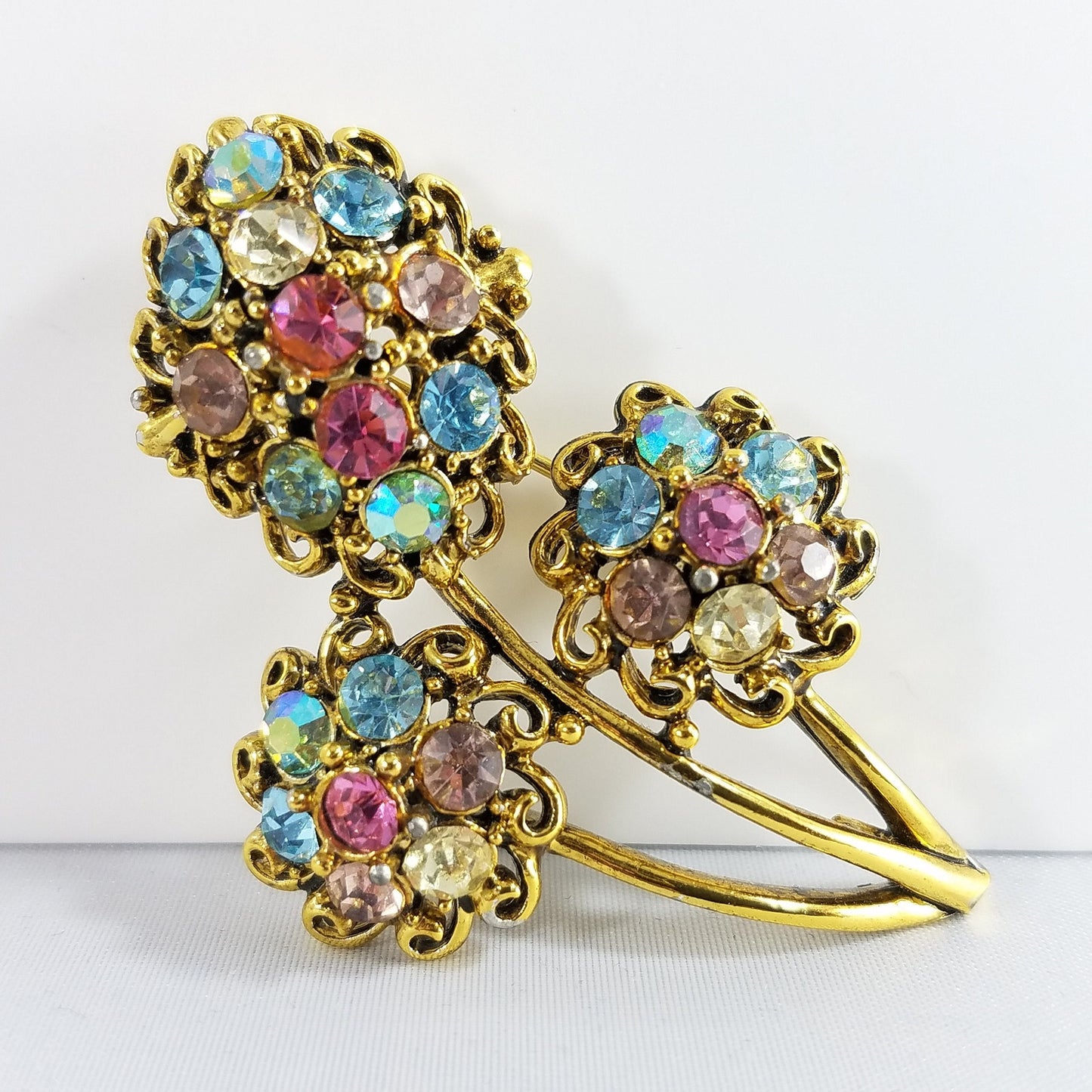 Hollycraft Pastel Rhinestone Floral Brooch, Gold Tone Flower Pin, 1960s Vintage Jewelry