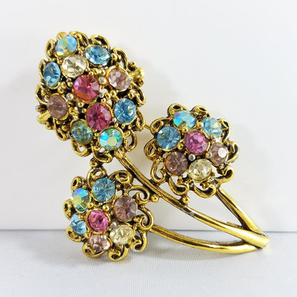 Hollycraft Pastel Rhinestone Floral Brooch, Gold Tone Flower Pin, 1960s Vintage Jewelry
