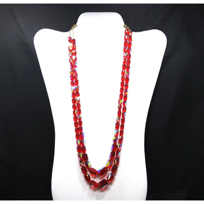 Red Aurora Borealis Graduated Beaded Two Strand Necklace on Chain, 1970s Vintage Jewelry