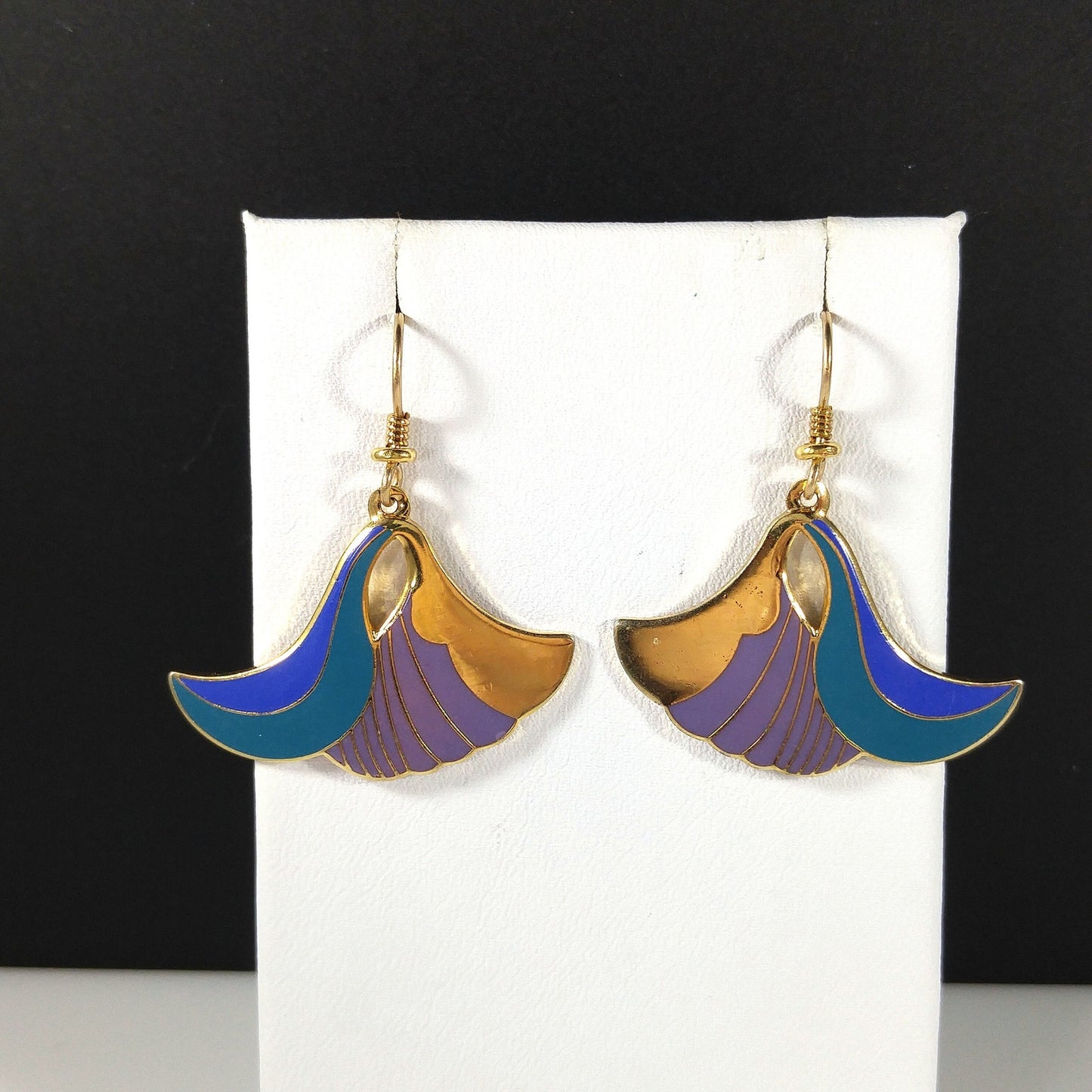 Laurel Burch "Egyptian Flower" Dangle Earrings, Gold Plated Cloisonne, Enamel Teal Purple, 1980s Vintage Jewelry
