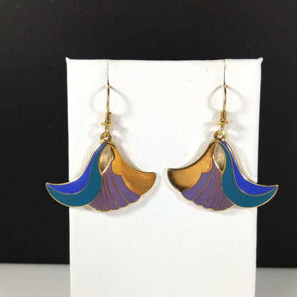 Laurel Burch "Egyptian Flower" Dangle Earrings, Gold Plated Cloisonne, Enamel Teal Purple, 1980s Vintage Jewelry