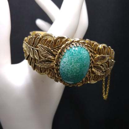 Whiting & Davis Gold Tone Cuff Bracelet Peking Glass Cabochon Leaves Vintage