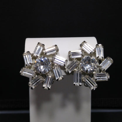 Vintage 1950s Weiss Clear Rhinestone Clip Earrings Baguette Floral Wedding