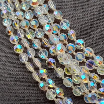 Vintage Flat Crystal Eight Strand Necklace, Hand-knotted, Aurora Borealis