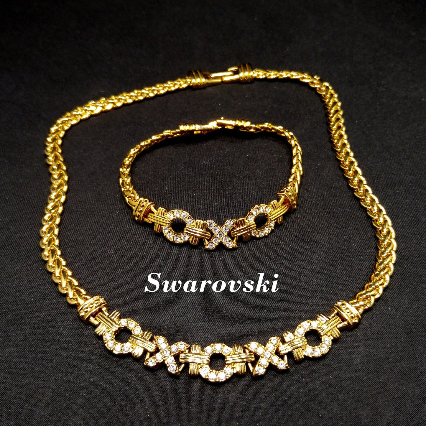 Swarovski Necklace & Bracelet Set – 1980s 1990s Gold Plated XOXO Design with Clear Rhinestones, Signed Swan Logo