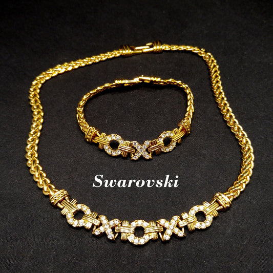 Swarovski Necklace & Bracelet Set – 1980s 1990s Gold Plated XOXO Design with Clear Rhinestones, Signed Swan Logo