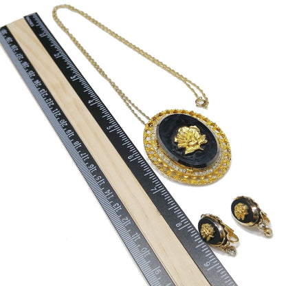 Celebrity Gold Rose Black Glass Brooch & Pendant, Matching Clip Earrings, 1970s Vintage Jewelry