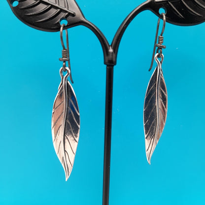 Vintage Laurel Burch Leaf Drop Earrings, Rhodium Plated Leaves