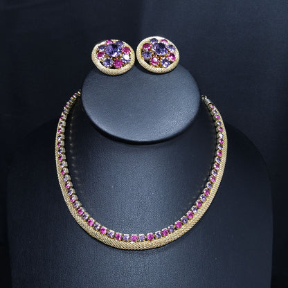Vintage Weiss Mesh Necklace & Earrings Set, Purple Pink Rhinestones, 1950s