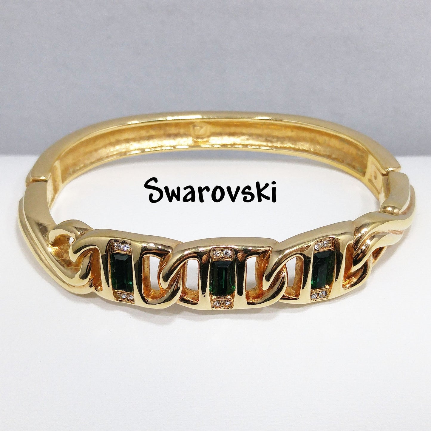 Vintage Swarovski Gold Bracelet – Green & Clear Rhinestones, Swan Logo, 1980s
