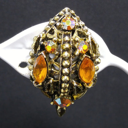 Light Topaz AB Rhinestone Leaves Brooch Earrings Set, 1970s Vintage Jewelry