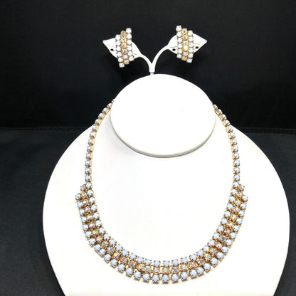 Aurora Borealis Rhinestone Necklace Earrings Set, Light Blue Cabochons, Mid Century, 1960s Vintage Jewelry