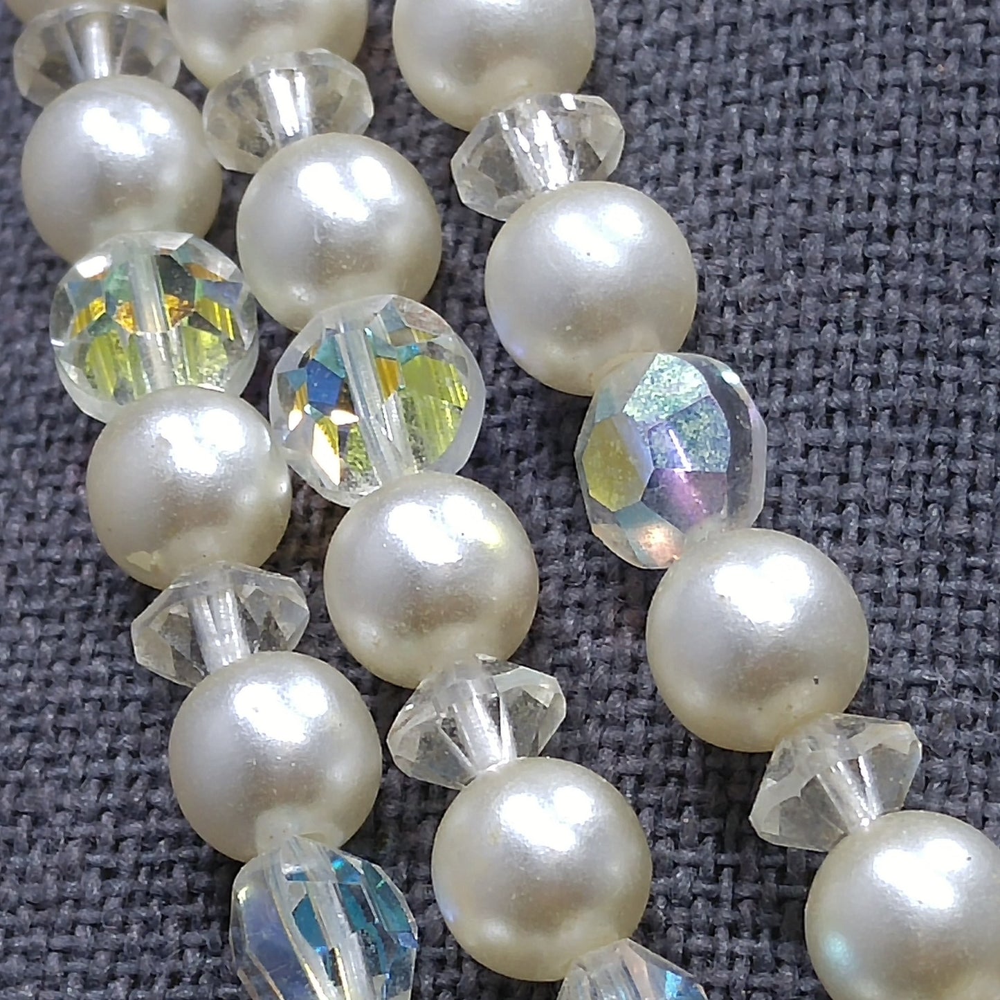 Mid-Century Crystal Faux Pearl Necklace, Three Strands, 1950s Vintage Jewelry