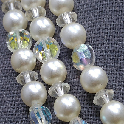 Mid-Century Crystal Faux Pearl Necklace, Three Strands, 1950s Vintage Jewelry
