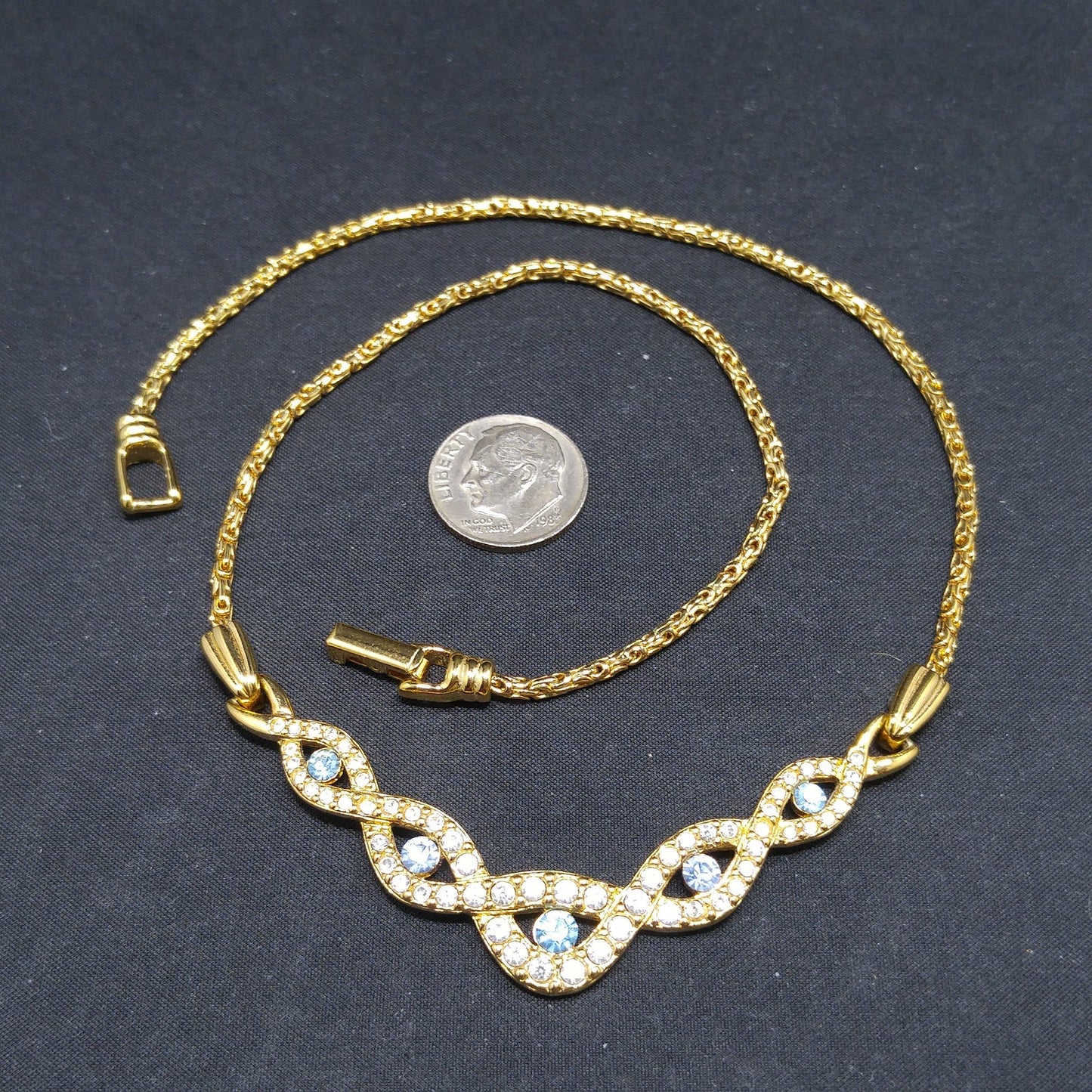 Vintage Swarovski Choker Necklace – Light Blue & Clear Crystals, Gold Plated, 1990s