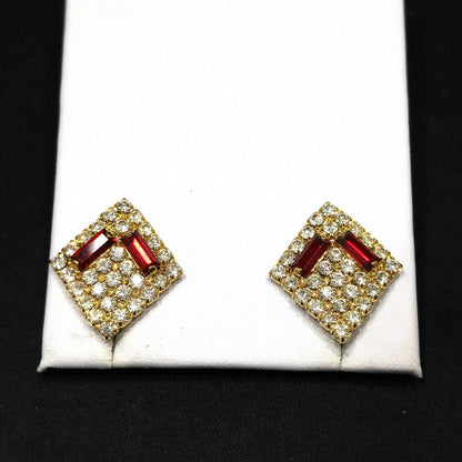 Hobe' Designer Red Clear Rhinestone Clip Earrings, Gold Plated, 1960s Vintage Jewelry