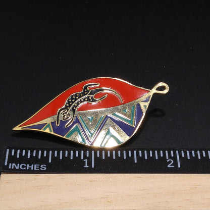 Laurel Burch "Leaf Lizard" Brooch & Pendant, Cloisonné Gold Plated, Enamel, 1980s Vintage Jewelry