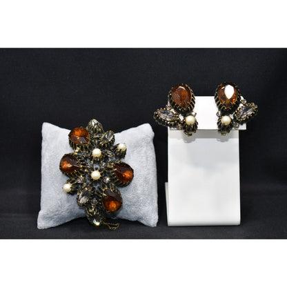 Hobe' Rhinestone Cuff Bracelet & Clip Earrings, Topaz Clear Rhinestone, Faux Pearls, 1950s