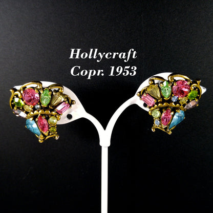 Hollycraft 1953 Pastel Rhinestone Earrings, Mid-Century Screw Backs, 1950s Vintage Jewelry