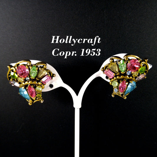 Hollycraft 1953 Pastel Rhinestone Earrings, Mid-Century Screw Backs, 1950s Vintage Jewelry