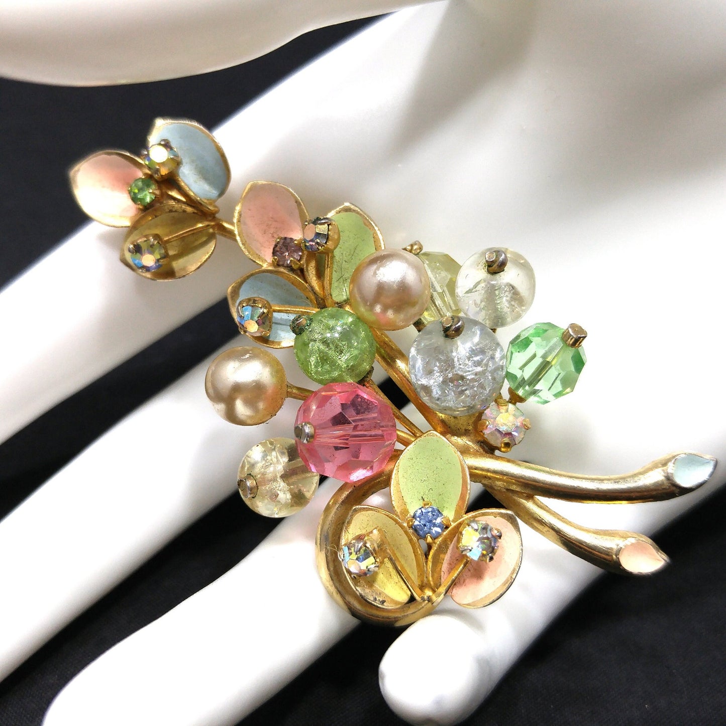 Kramer Made in Austria Floral Brooch, Rhinestones & Enamel Pastels, 1950s Vintage Jewelry